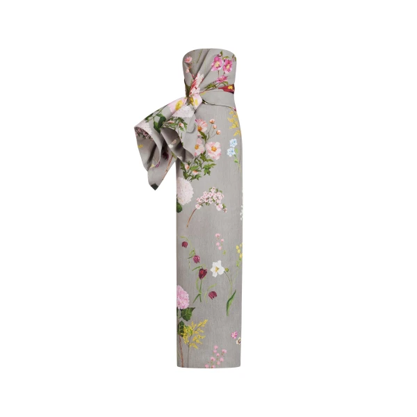 Mixed Botanical Drape-Detailed Faille Gown