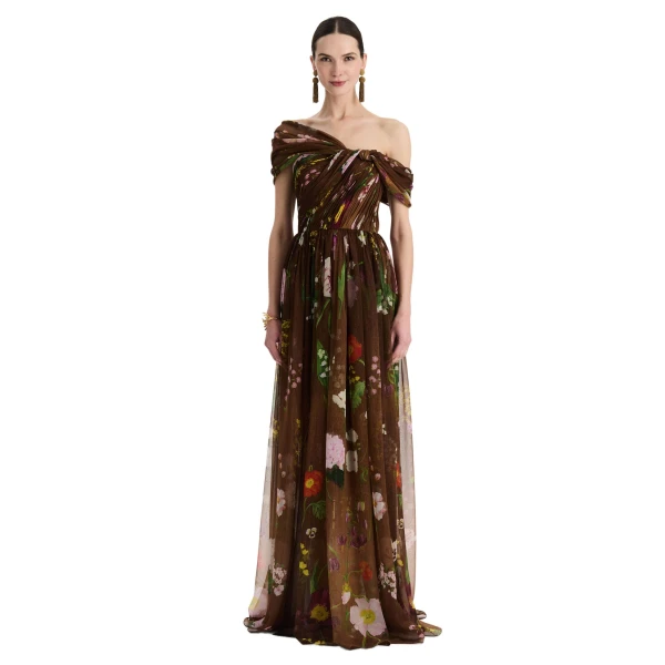 Oscar de la Renta Mixed Botanical Silk Chiffon Gown