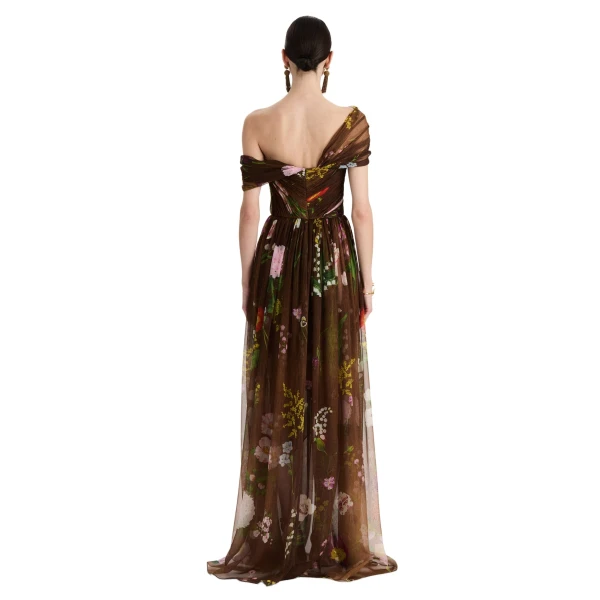Oscar de la Renta Mixed Botanical Silk Chiffon Gown