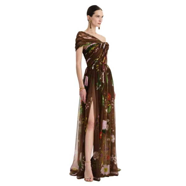 Oscar de la Renta Mixed Botanical Silk Chiffon Gown