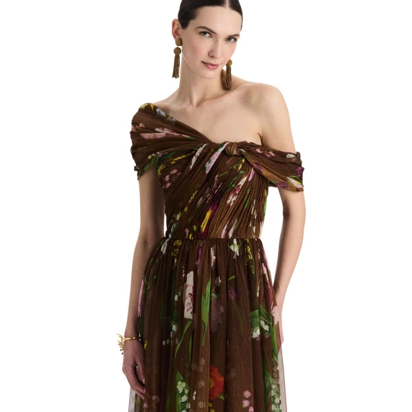 Oscar de la Renta Mixed Botanical Silk Chiffon Gown