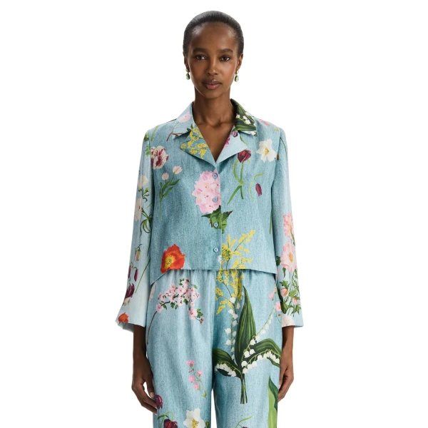 Oscar de la Renta Mixed Botanical Silk Twill Blouse