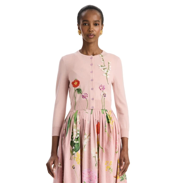 Oscar de la Renta Mixed Botanical Threadwork Cardigan