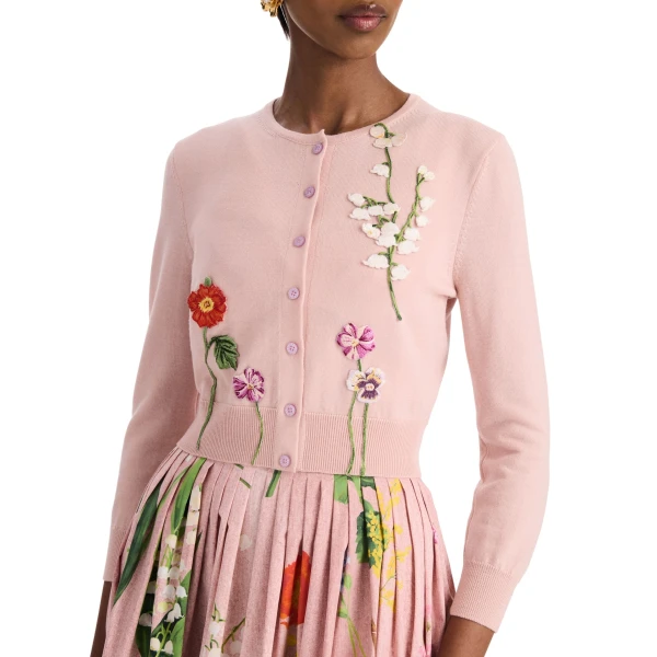 Oscar de la Renta Mixed Botanical Threadwork Cardigan
