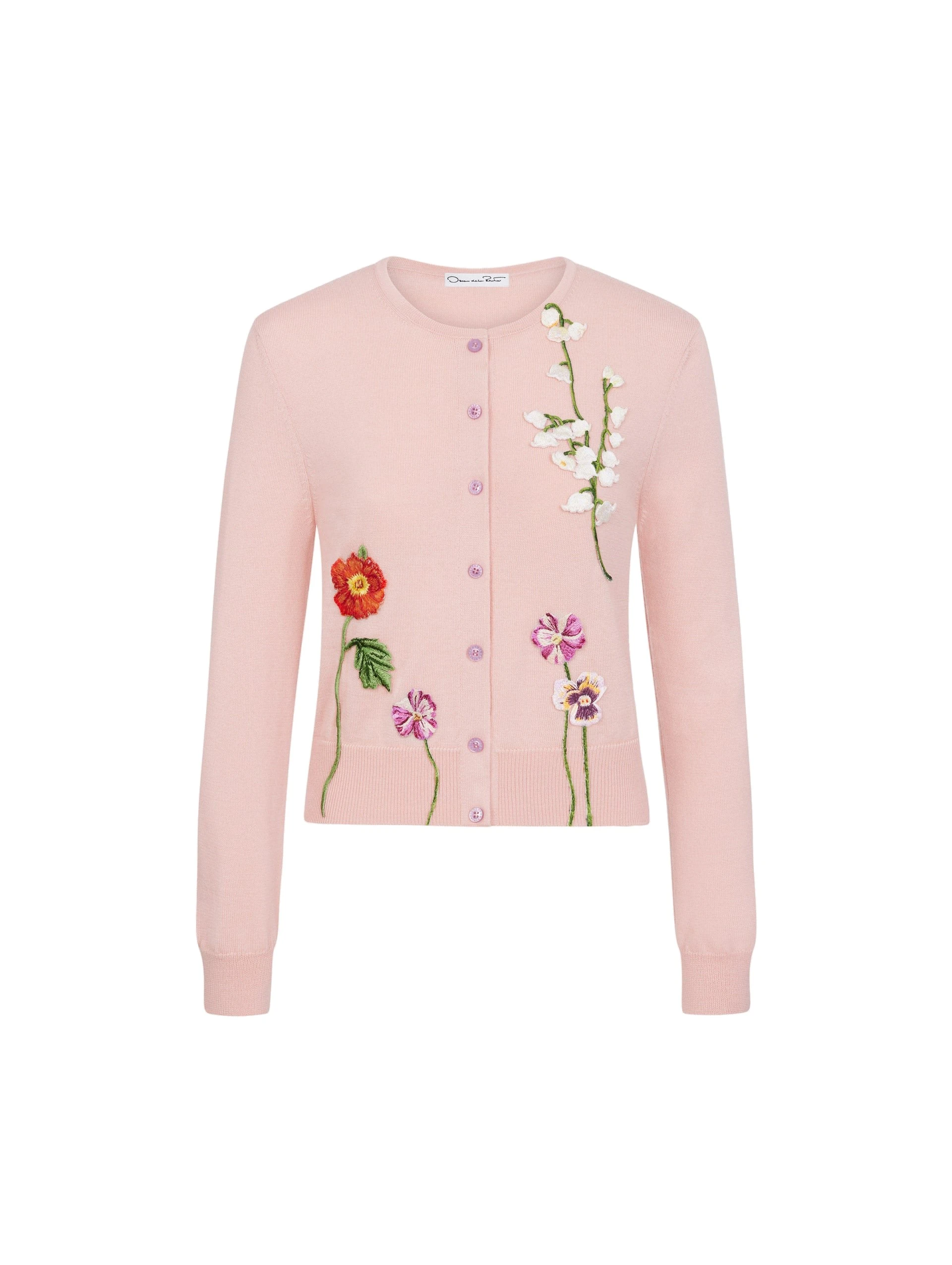 Oscar-de-la-Renta-Mixed-Botanical-Threadwork-Cardigan-Blush Oscar de la Renta Mixed Botanical Threadwork Cardigan | Knitwear | Luxury Shoes