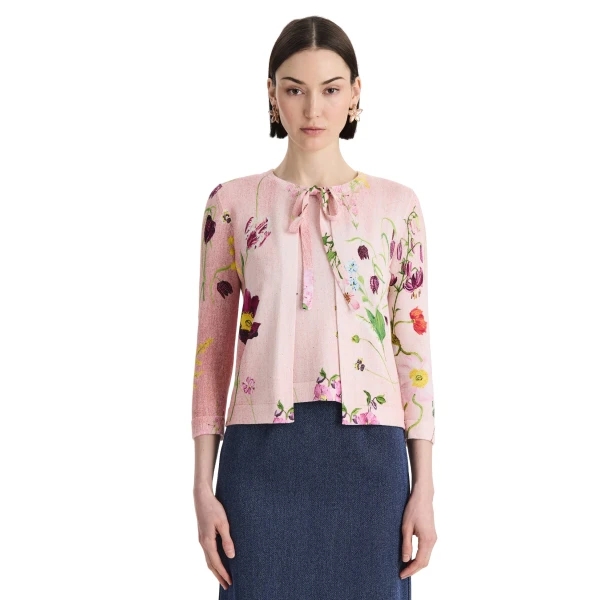 Oscar de la Renta Mixed Botanical Tie-Neck Cardigan