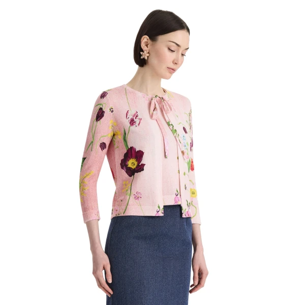 Oscar de la Renta Mixed Botanical Tie-Neck Cardigan