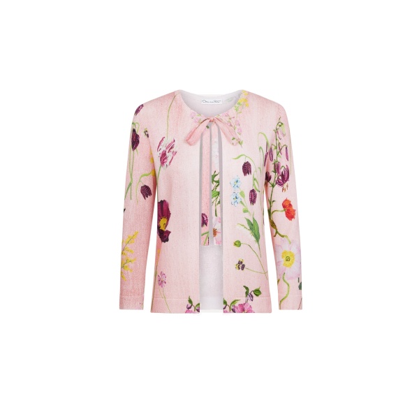 Oscar de la Renta Mixed Botanical Tie-Neck Cardigan | Knitwear | Luxury Shoes 