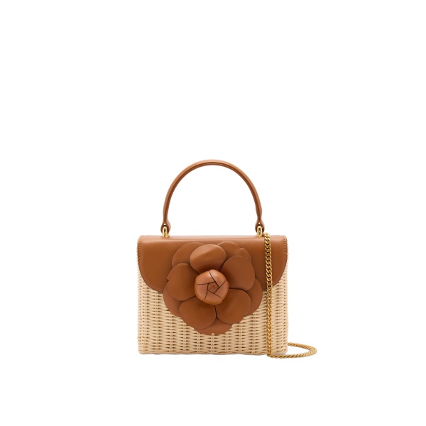 Oscar de la Renta Wicker Mini TRO Bag in Natural Wicker with Cognac