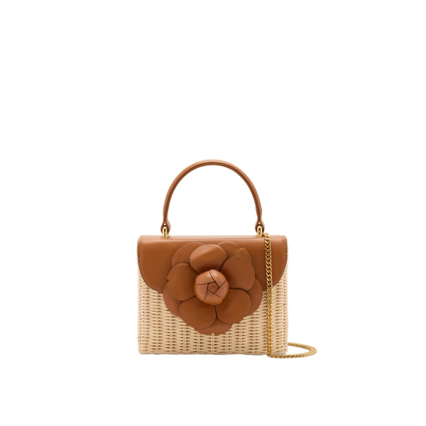 Wicker Mini TRO Bag in Natural Wicker with Cognac