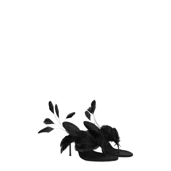 Lidia 105 Feather Thong Mules in Black Crepe Satin with Feathers - Image 2