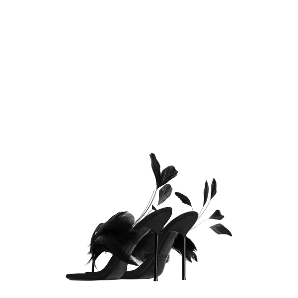 Lidia 105 Feather Thong Mules in Black Crepe Satin with Feathers - Image 3