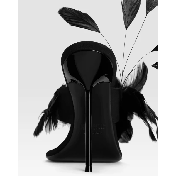 Lidia 105 Feather Thong Mules in Black Crepe Satin with Feathers - Image 4