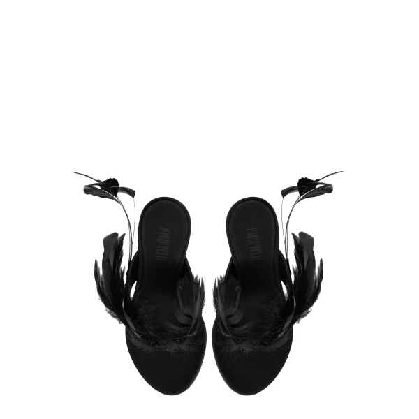 Lidia 105 Feather Thong Mules in Black Crepe Satin with Feathers - Image 5
