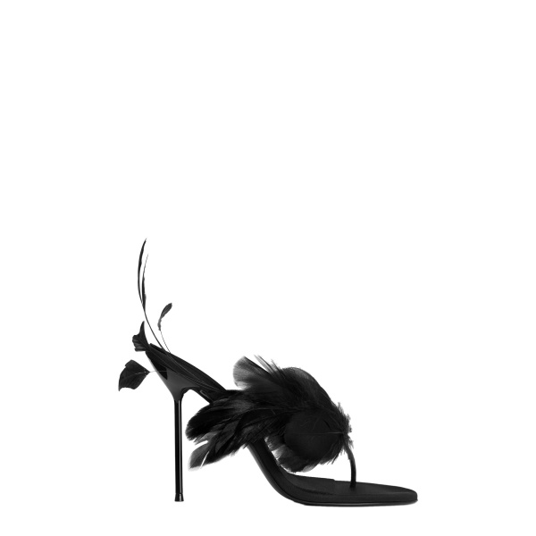 Paris Texas Lidia 105 Feather Thong Mules in Black Crepe Satin with Feathers
