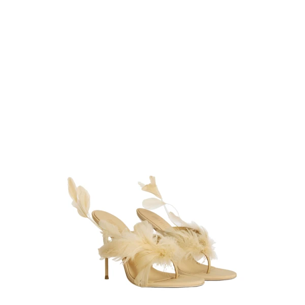 Lidia 105 Feather Thong Mules in Honey Crepe Satin with Feathers - Image 2