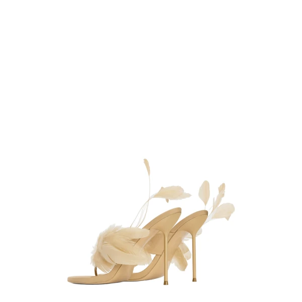 Lidia 105 Feather Thong Mules in Honey Crepe Satin with Feathers - Image 3