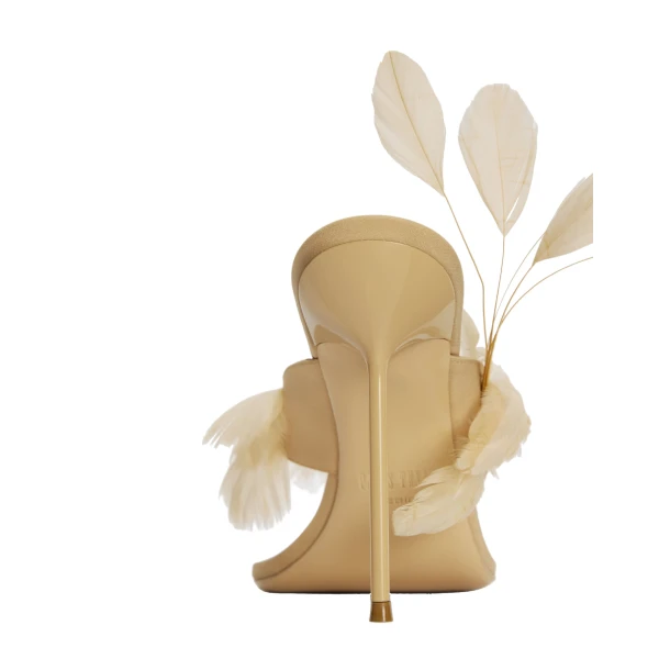 Lidia 105 Feather Thong Mules in Honey Crepe Satin with Feathers - Image 4