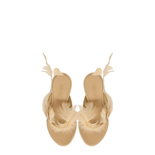 Lidia 105 Feather Thong Mules in Honey Crepe Satin with Feathers - Image 5