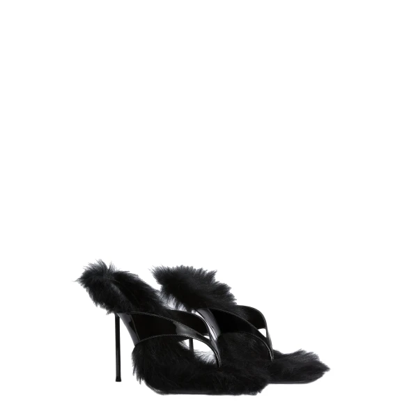 Lidia 105 Fur Thong Sandals in Black Patent Leather and Fur - Image 2