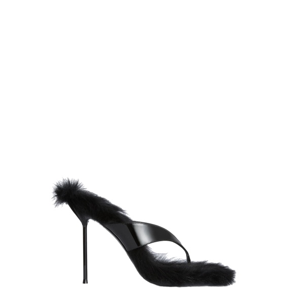 Paris Texas Lidia 105 Fur Thong Sandals in Black Patent Leather and Fur
