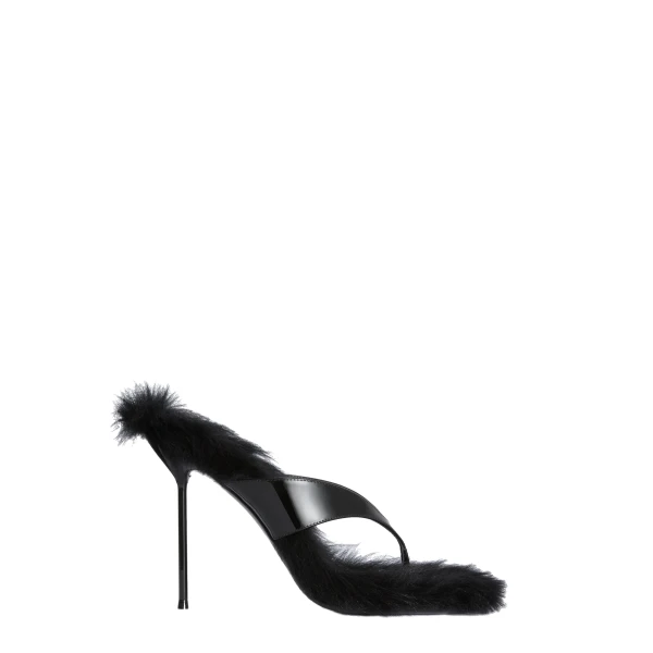 Paris Texas Lidia 105 Fur Thong Sandals in Black Patent Leather and Fur