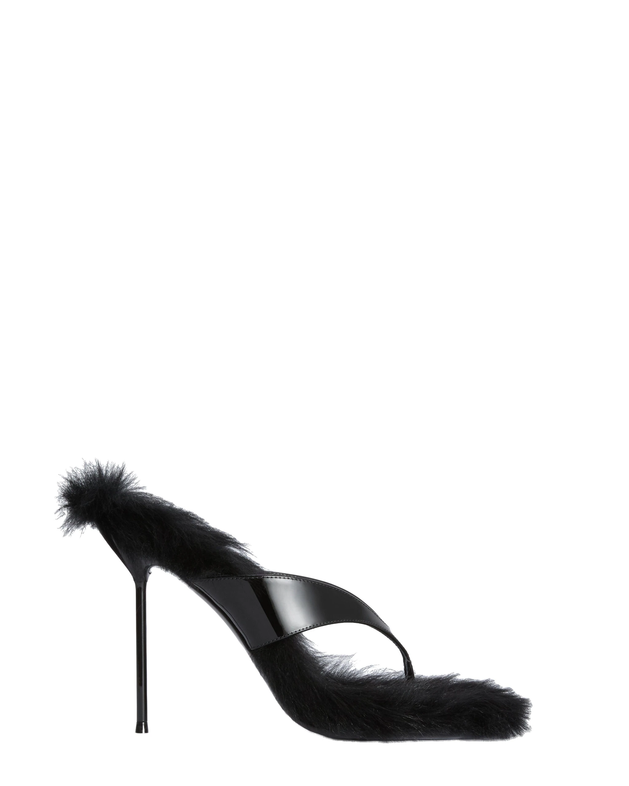Paris Texas Lidia 105 Thong Sandals in Black | Luxury Shoes Paris Texas Lidia 105 Fur Thong Sandals in Black Patent Leather and Fur