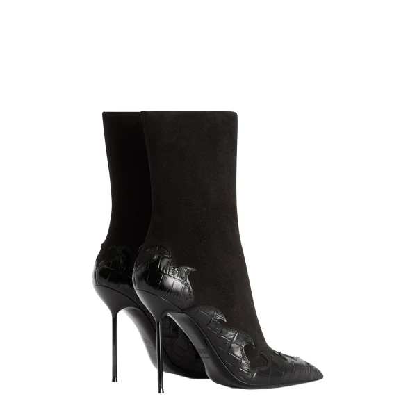 Lidia 105 Queen of Hearts Ankle Boots in Black Suede and Croc-Embossed Leather - Image 3
