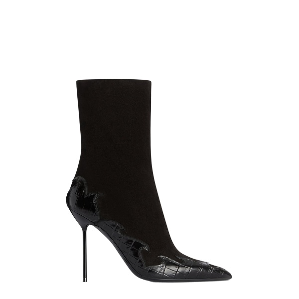 Paris Texas Lidia 105 Queen of Hearts Ankle Boots in Black Suede and Croc-Embossed Leather