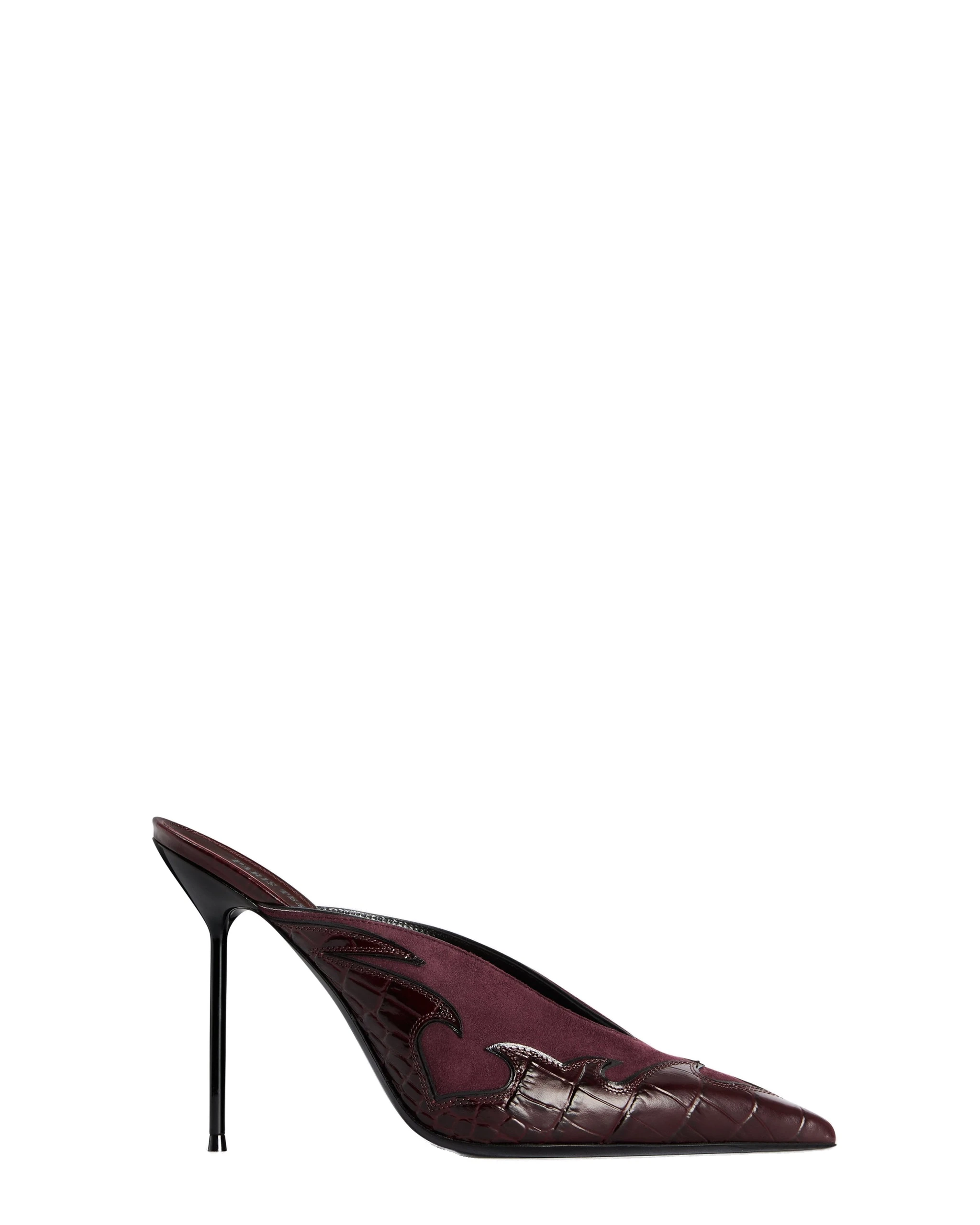 Paris Texas Lidia 105 Sabots in Rouge Noir | Luxury Shoes Paris Texas Lidia 105 Queen of Hearts Sabots in Rouge Noir Suede and Croc-Embossed Leather