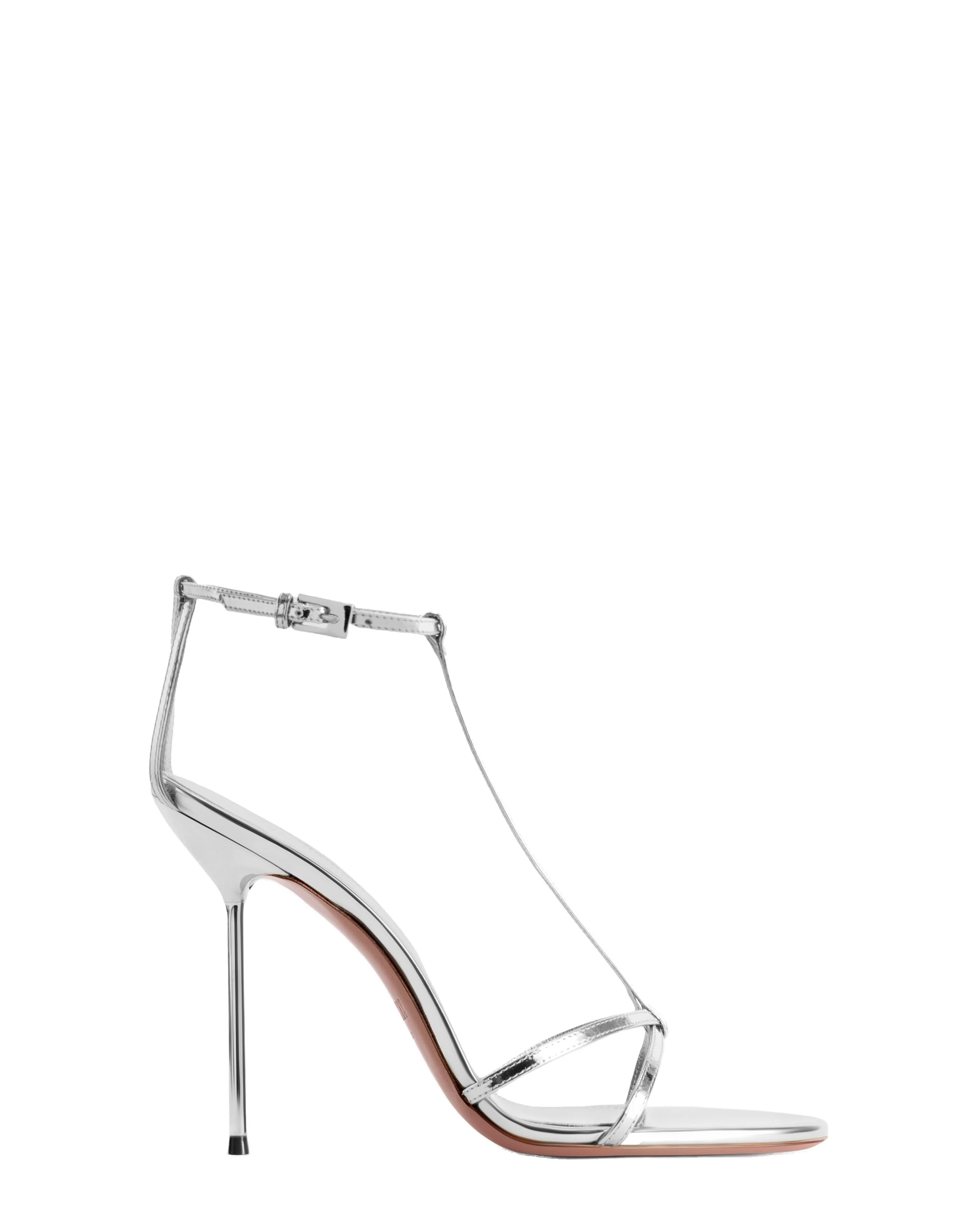 Paris Texas Lidia 105 Sandals in Silver | Luxury Shoes Paris Texas Lidia 105 T Strap Sandals in Silver Mirrored Leather