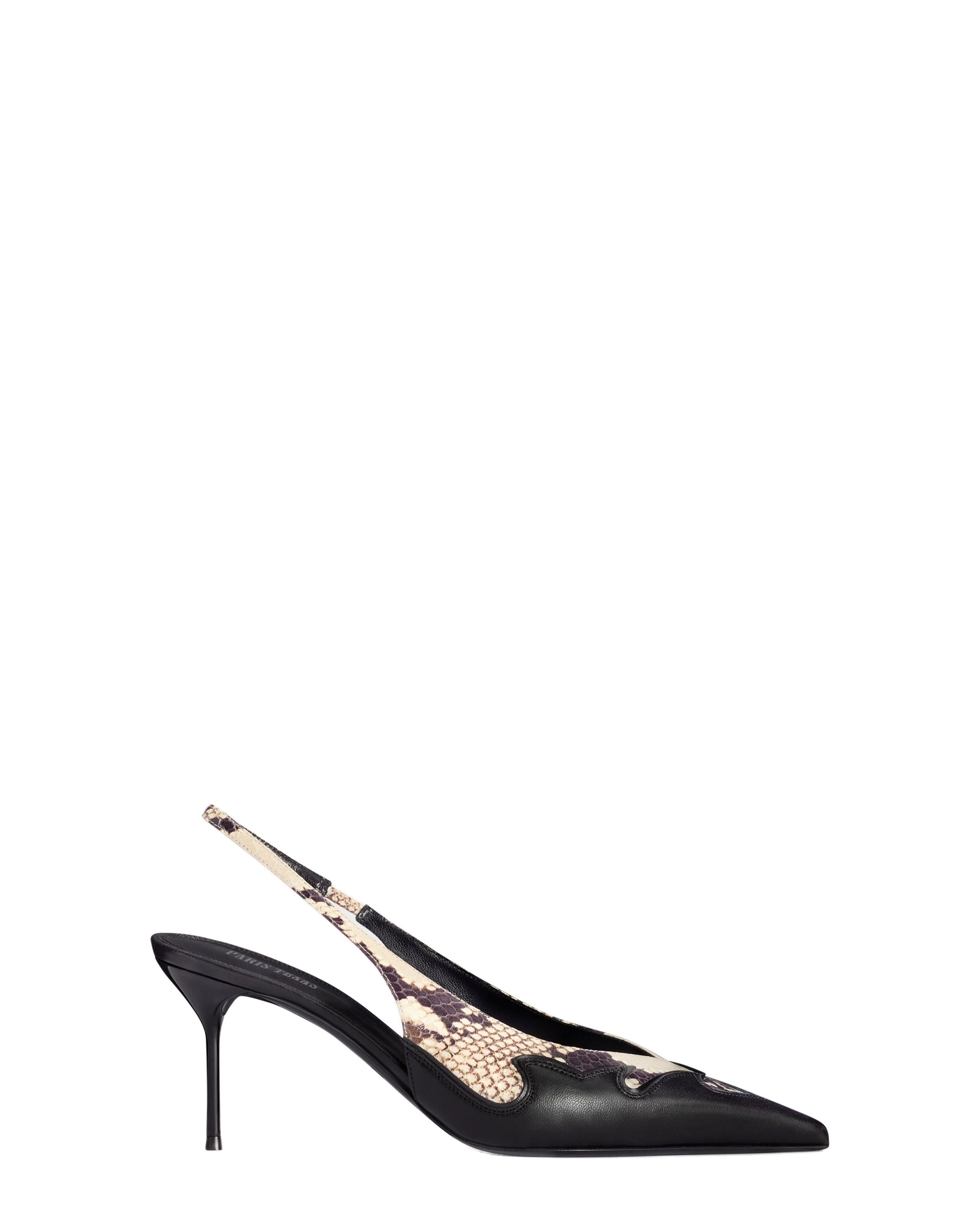 Paris Texas Lidia Slingbacks in Natural and Black | Luxury Shoes Paris Texas Lidia 70 Queen of Hearts Slingbacks in Natural and Black Python-Print and Nappa Leather