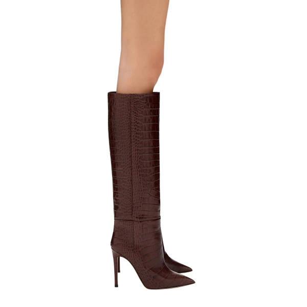Stiletto 105 Boots in Cioccolato Croc-Embossed Leather - Image 6