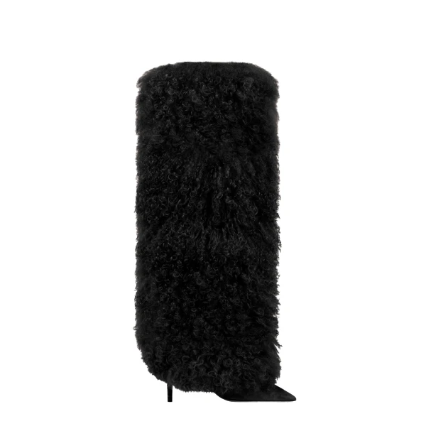 Paris Texas Stiletto 105 Furry Boots in Black Mongolian Fur