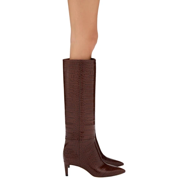Stiletto 60 Boots in Cioccolato Croc-Embossed Leather - Image 6