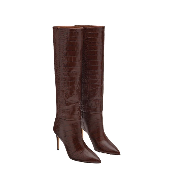 Stiletto 85 Boots in Cioccolato Croc-Embossed Leather - Image 2