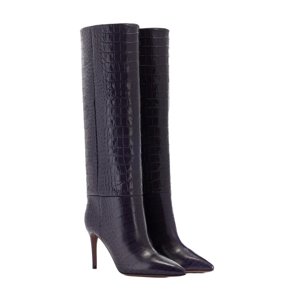 Stiletto 85 Boots in Violet Black Croc-Embossed Leather - Image 2