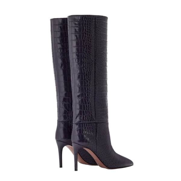 Stiletto 85 Boots in Violet Black Croc-Embossed Leather - Image 3