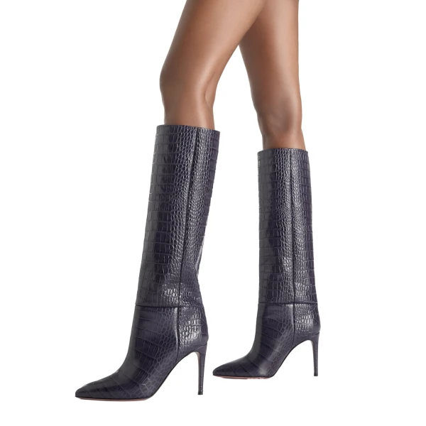 Stiletto 85 Boots in Violet Black Croc-Embossed Leather - Image 5