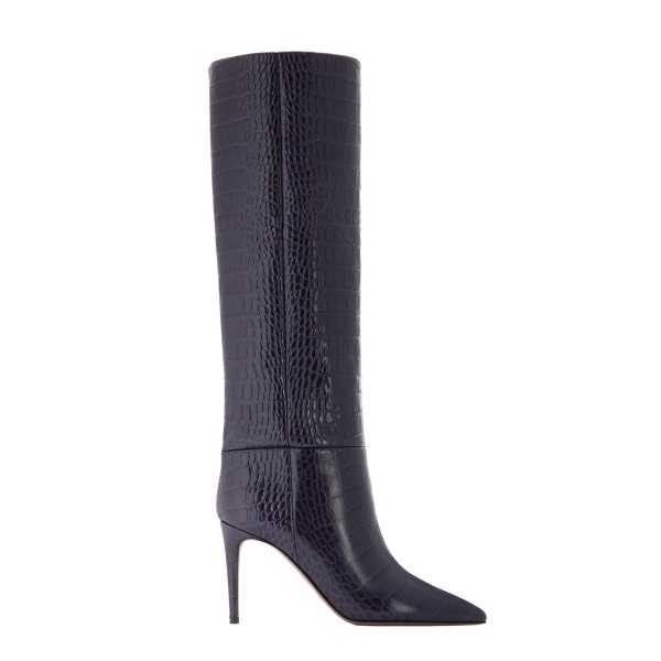 Paris Texas Stiletto 85 Boots in Violet Black Croc-Embossed Leather