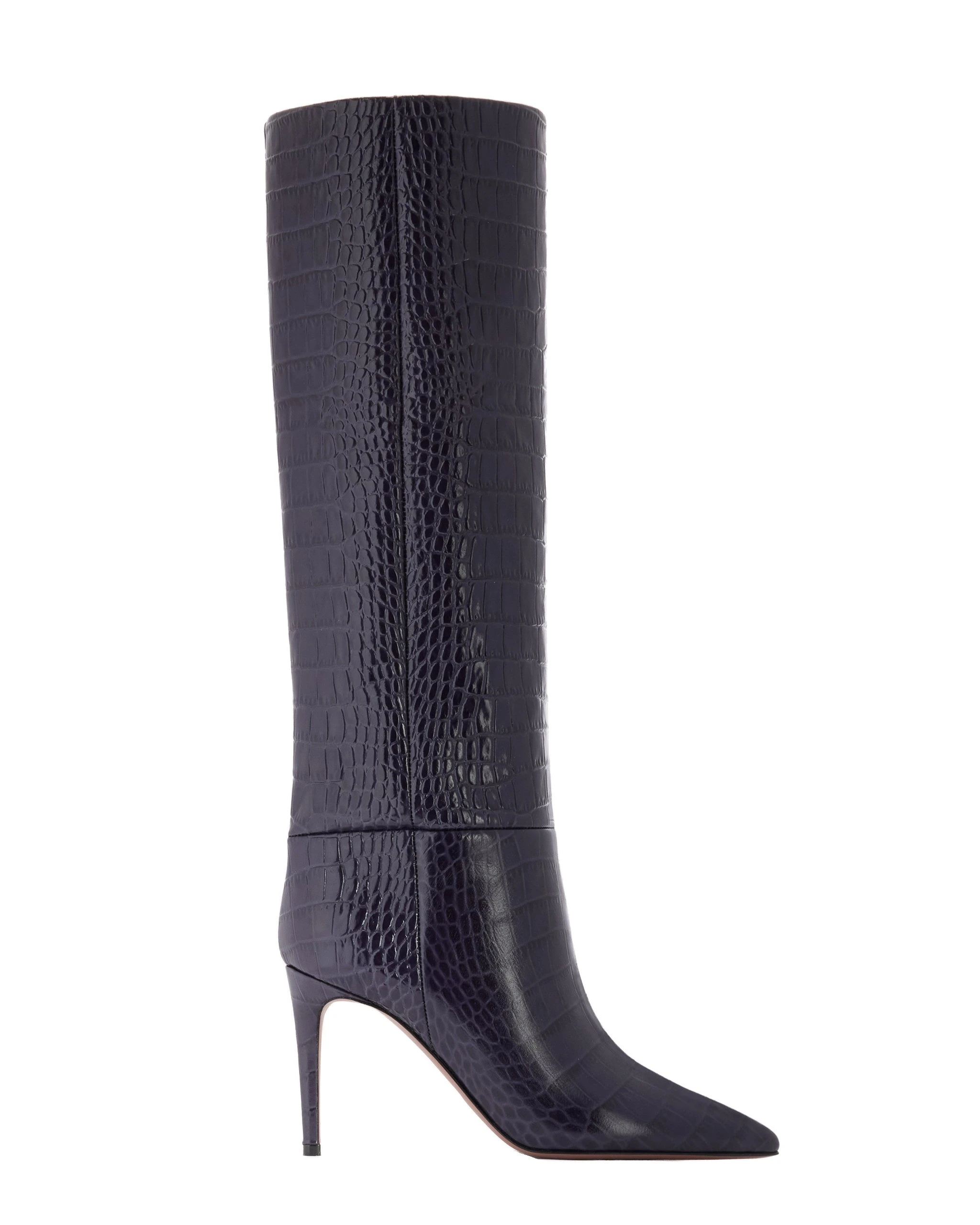 Paris Texas Stiletto 85 Boots in Violet Black | Luxury Shoes Paris Texas Stiletto 85 Boots in Violet Black Croc-Embossed Leather