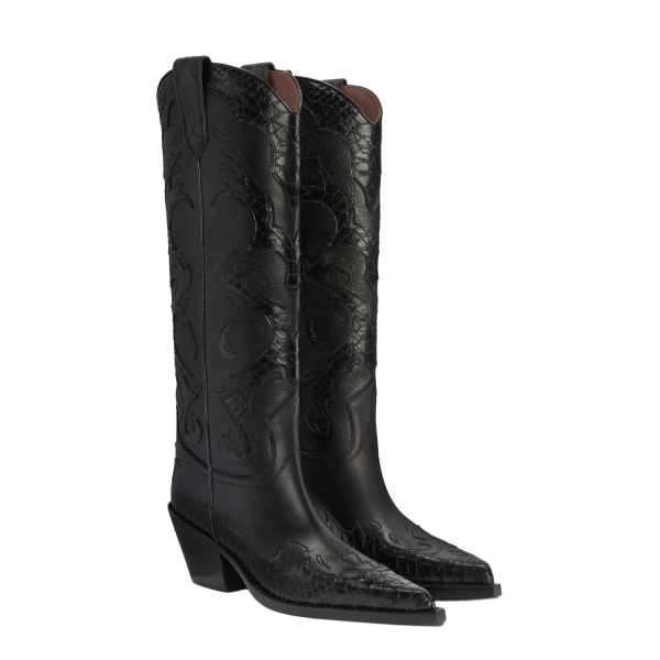 Tucson 60 Embroidered Boots in Black Leather with Python-Print Detail - Image 2