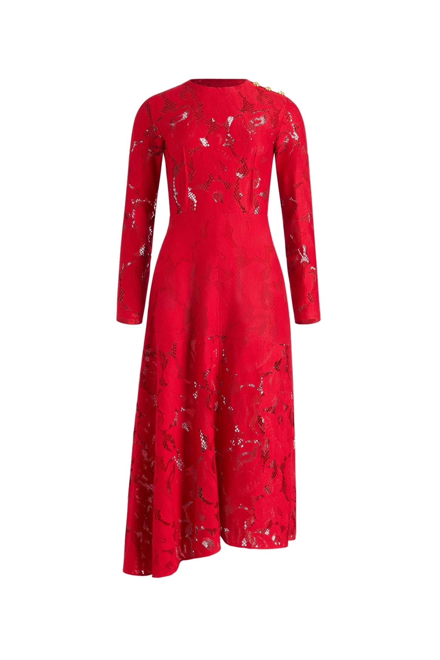 Patou Asymmetric midi dress in Babylone Red organic cotton blend lace | Dresses | Luxury Shoes Patou Asymmetric midi dress in Babylone Red organic cotton blend lace