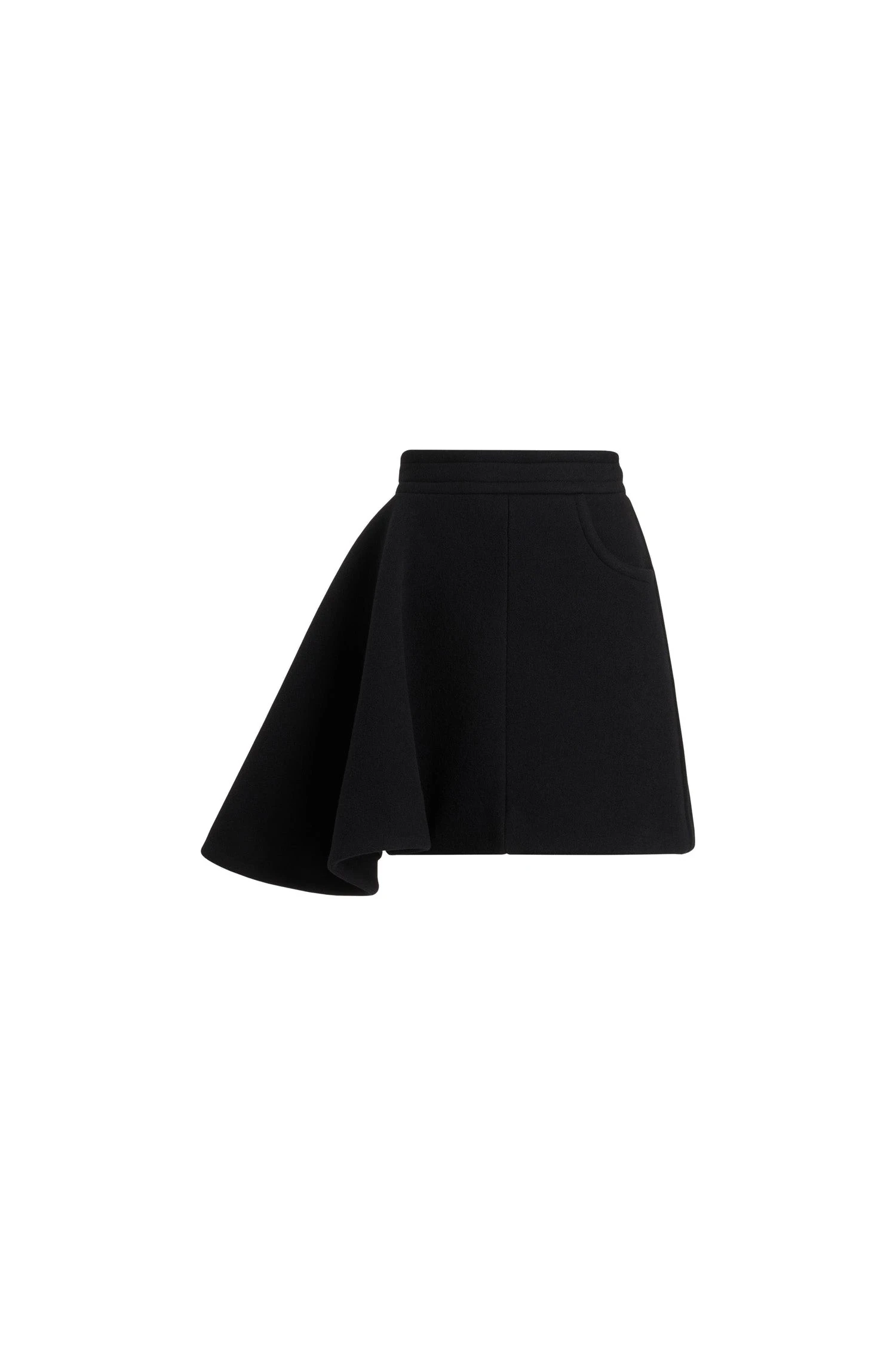 Patou Asymmetric mini skirt in Black sustainable wool blend | Skirts | Luxury Shoes Patou Asymmetric mini skirt in Black sustainable wool blend