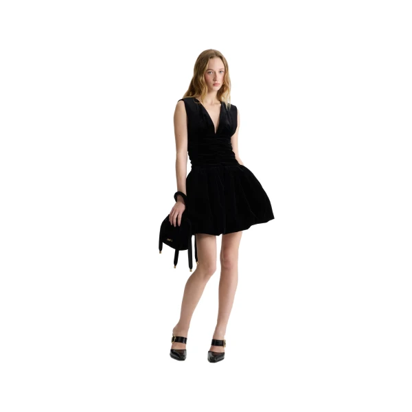 Backless mini dress with bow in Black organic cotton velvet - Image 2