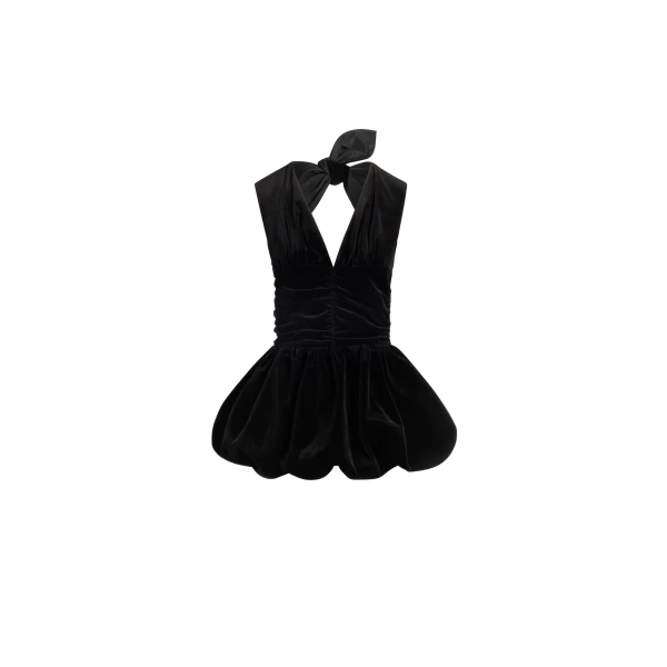 Backless mini dress with bow in Black organic cotton velvet