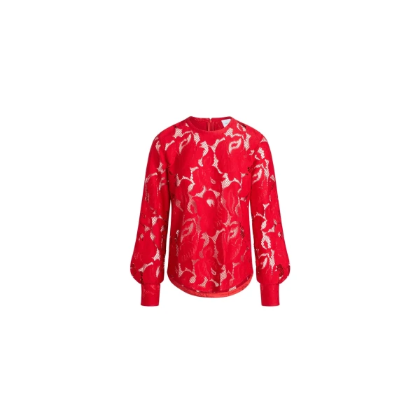 Patou Balloon sleeve top in Babylone Red organic cotton blend lace