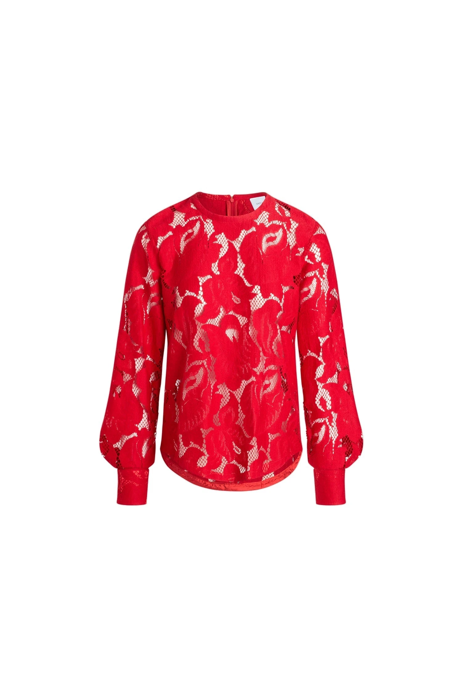 Patou Balloon sleeve top in Babylone Red organic cotton blend lace | Tops | Luxury Shoes Patou Balloon sleeve top in Babylone Red organic cotton blend lace
