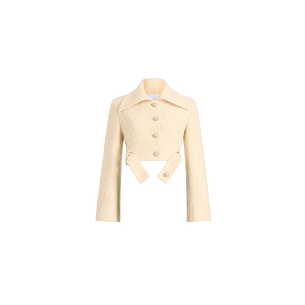 Patou Belted cropped jacket in No Label Snowberry White sustainable wool blend tweed