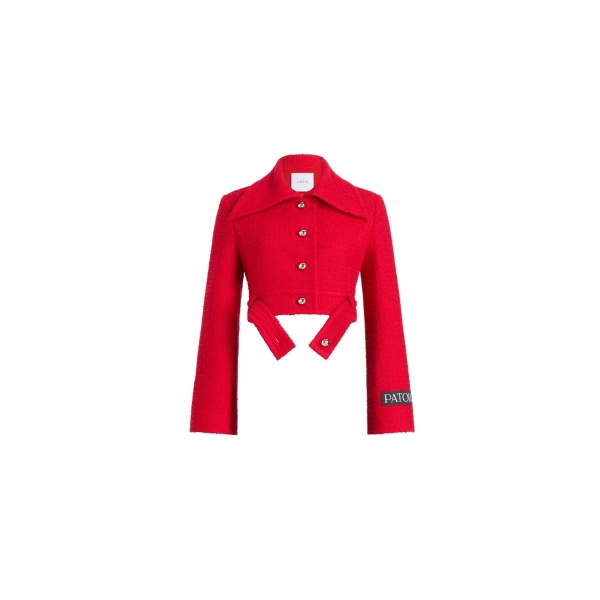 Patou Belted cropped jacket in Scarlet Red sustainable wool blend tweed